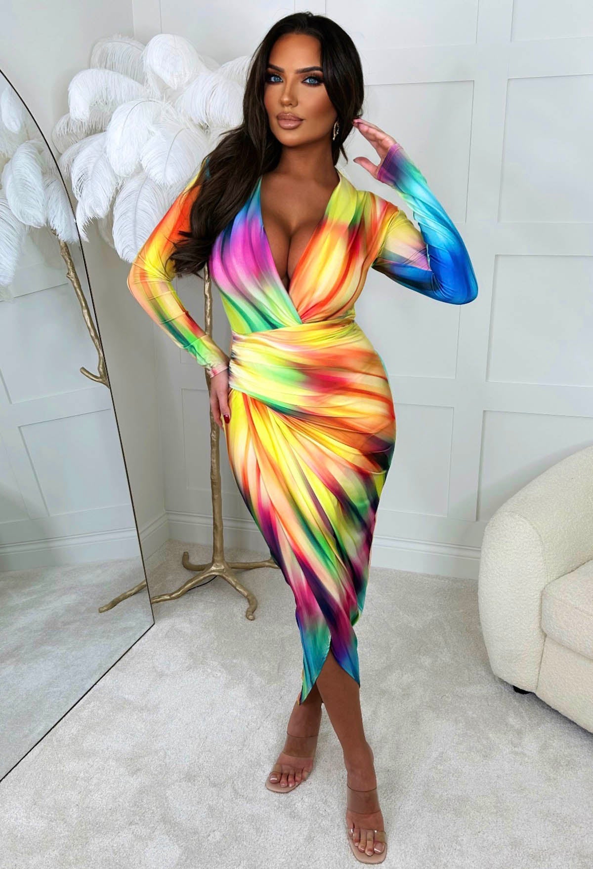 Chasing Rainbows Multi Shoulder Padded Long Sleeve Ruched Midi Dress
