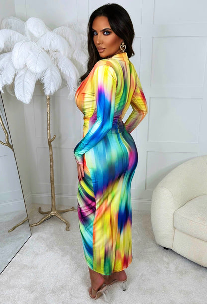 Chasing Rainbows Multi Shoulder Padded Long Sleeve Ruched Midi Dress