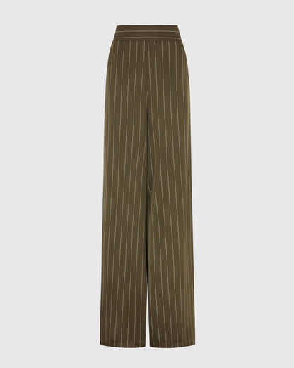 Zoe Pinstripe Elastic High Waist Satin Trousers | Khaki