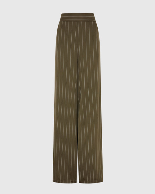 Zoe Pinstripe Elastic High Waist Satin Trousers | Khaki