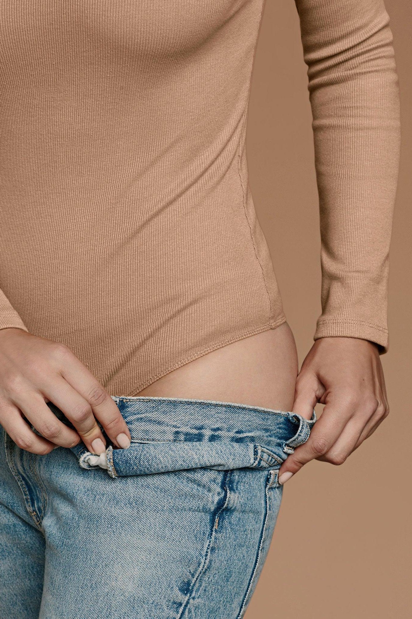 Long Sleeve Ribbed Crewneck Bodysuit | Cinnamon