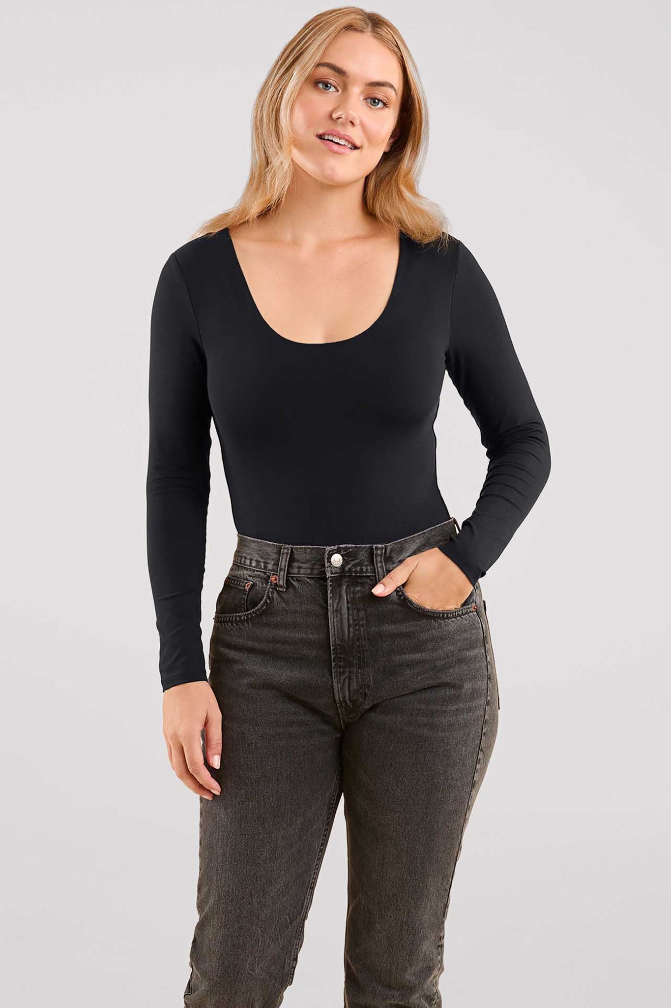 Long Sleeve Scoop Neck Bodysuit | Black