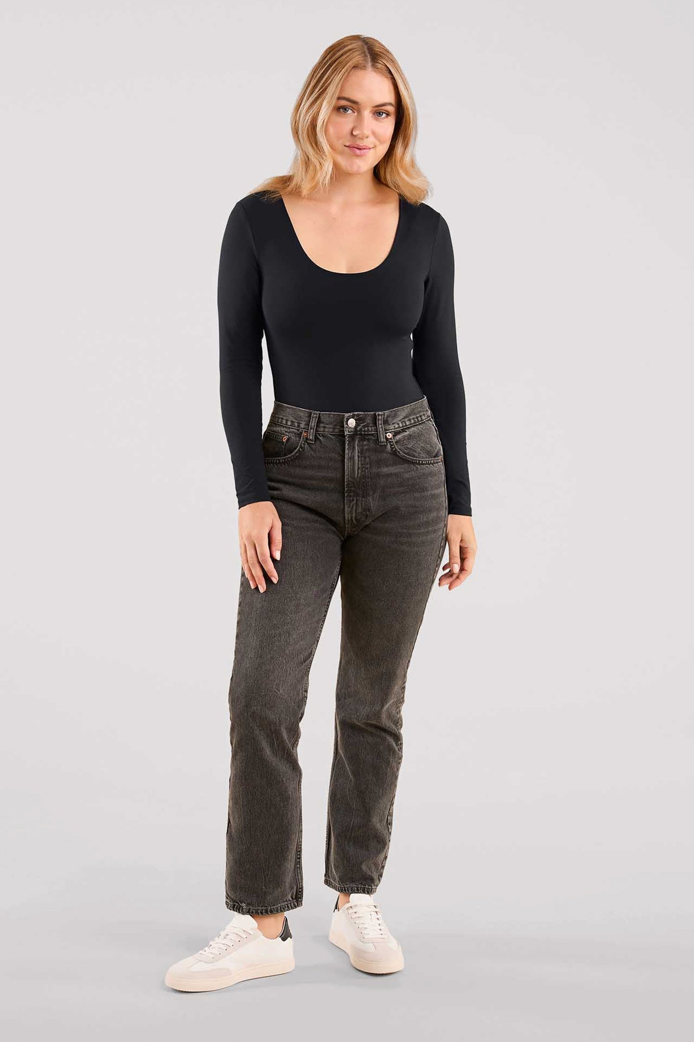 Long Sleeve Scoop Neck Bodysuit | Black