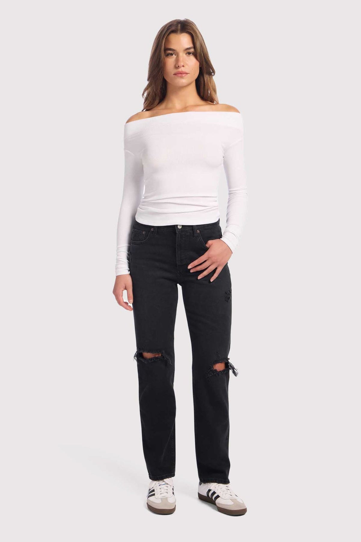 Slinky Rib Off-The-Shoulder Shirt | White