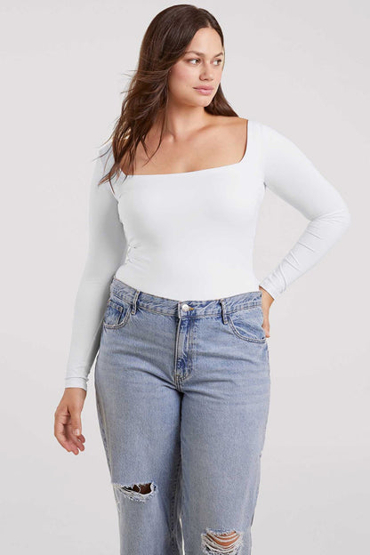 Long Sleeve Wide Square Neck Bodysuit | White