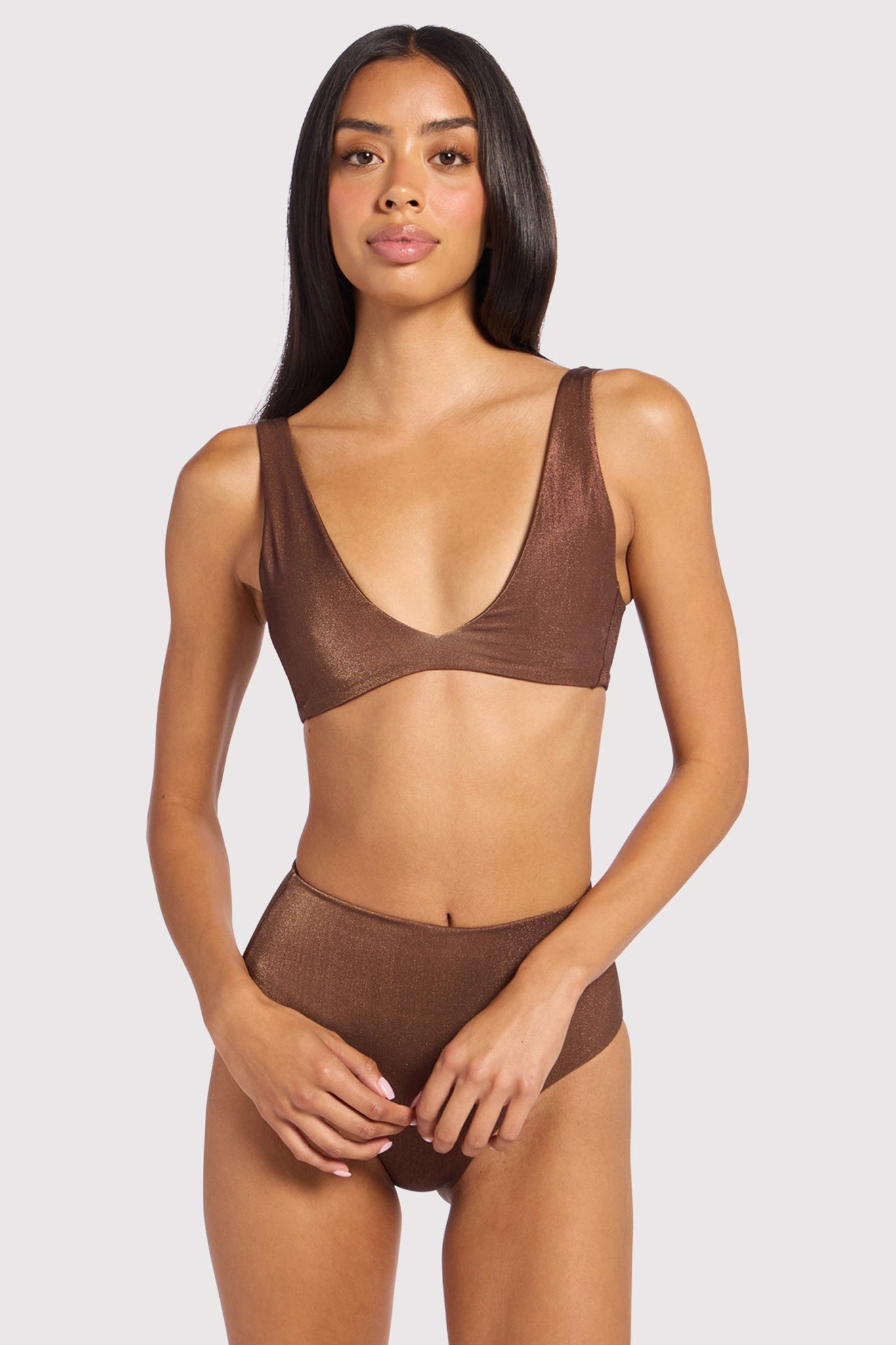 Shimmer Plunge Bikini Top | Coffee