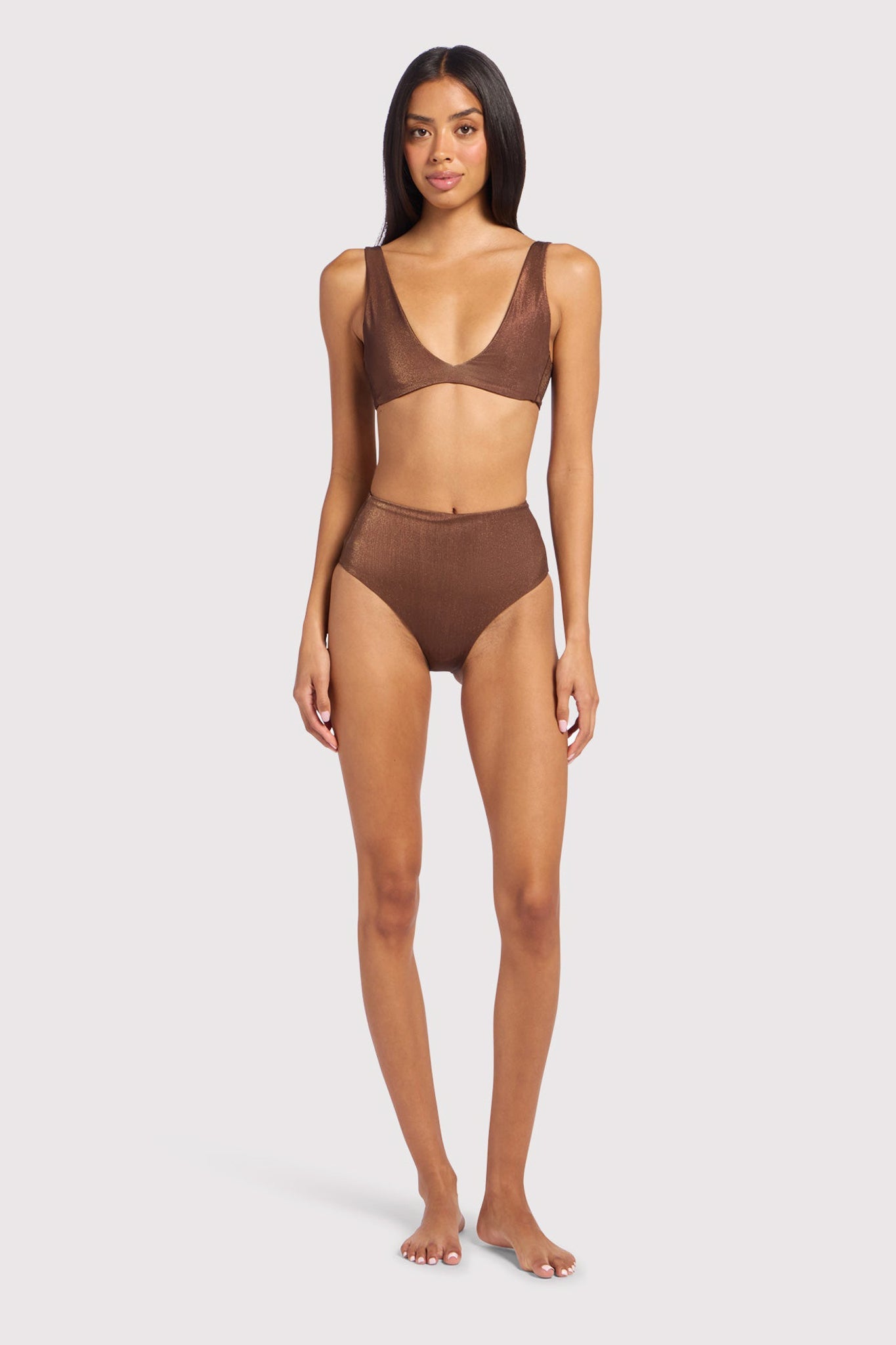 Shimmer Plunge Bikini Top | Coffee