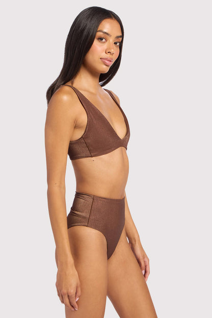 Shimmer Plunge Bikini Top | Coffee