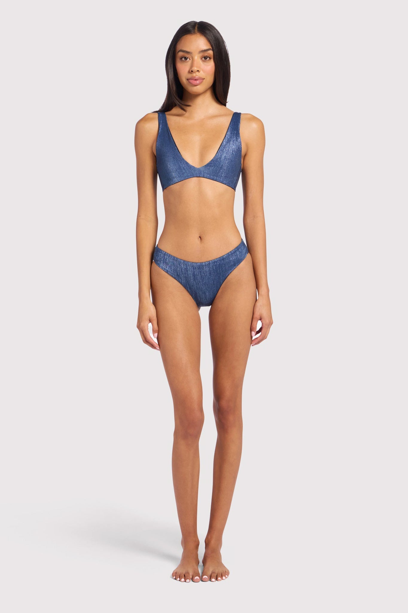 Shimmer Plunge Bikini Top | Navy
