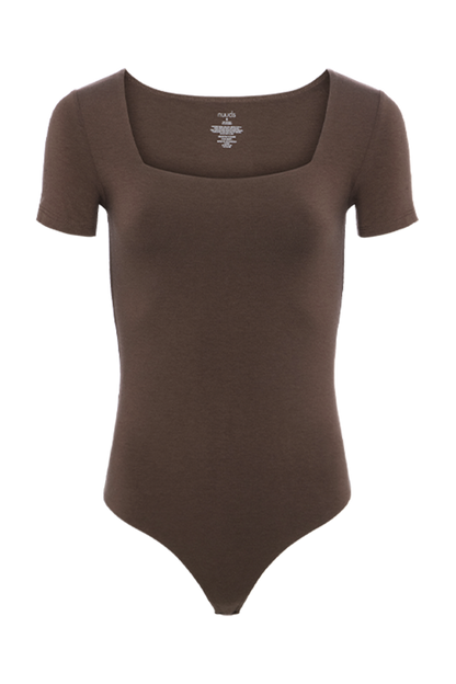 Cotton Stretch Short Sleeve Square Neck Bodysuit | Coffee