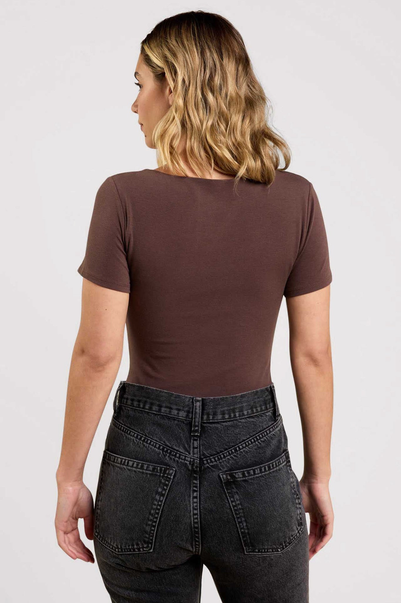 Cotton Stretch Short Sleeve Square Neck Bodysuit | Coffee