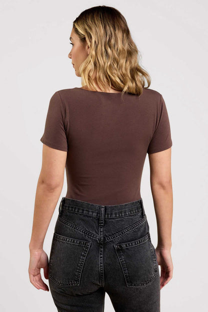 Cotton Stretch Short Sleeve Square Neck Bodysuit | Coffee