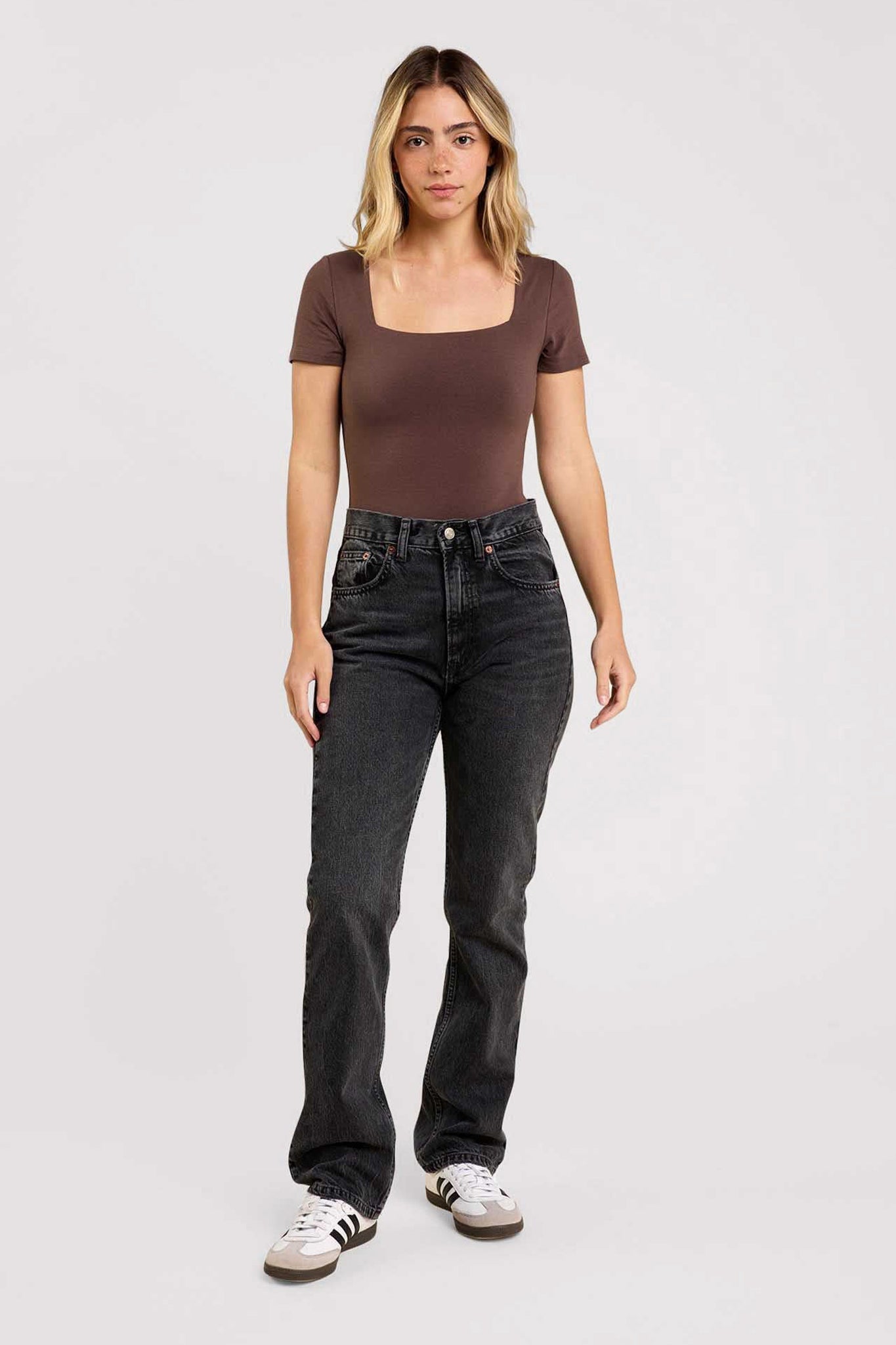 Cotton Stretch Short Sleeve Square Neck Bodysuit | Coffee