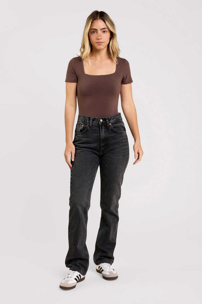 Cotton Stretch Short Sleeve Square Neck Bodysuit | Coffee
