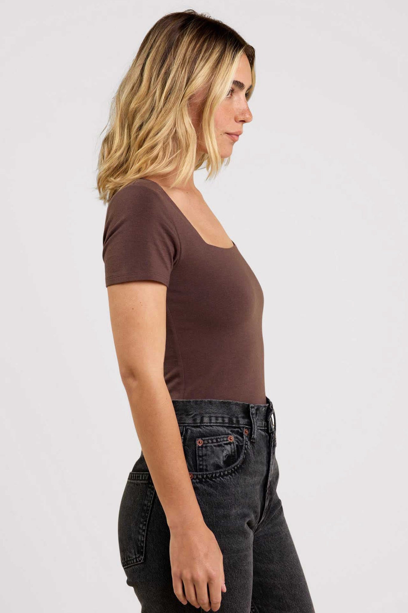 Cotton Stretch Short Sleeve Square Neck Bodysuit | Coffee
