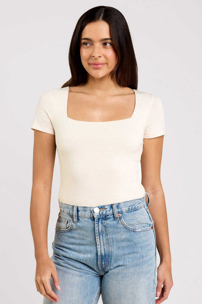 Cotton Stretch Short Sleeve Square Neck Bodysuit | Heather Bone