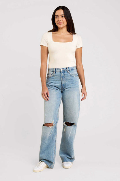 Cotton Stretch Short Sleeve Square Neck Bodysuit | Heather Bone