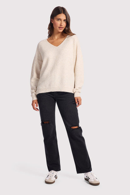 Cozy Knit V-Neck Sweater | Heather Bone