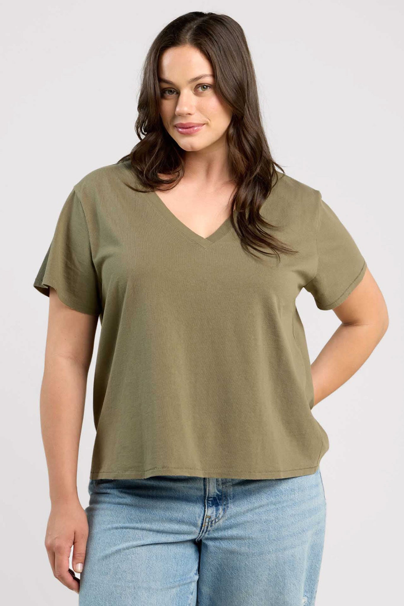 Vintage Cotton V-Neck Everyday T-Shirt | Olive