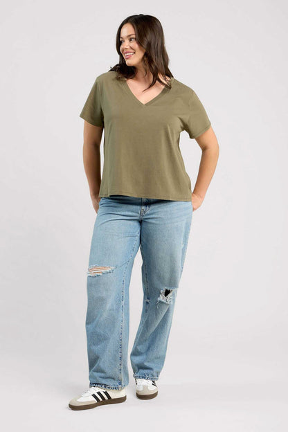 Vintage Cotton V-Neck Everyday T-Shirt | Olive