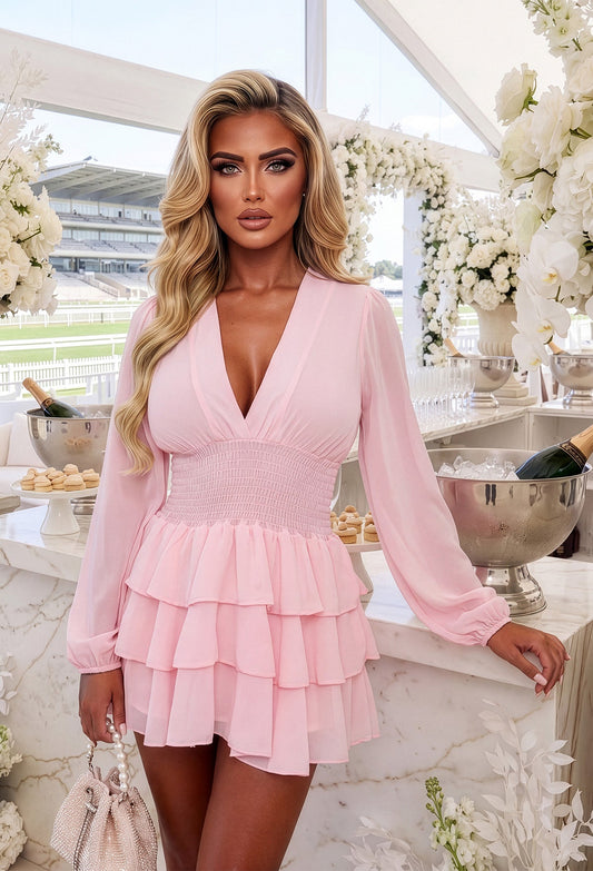Eternal Grace Pink Long Sleeve Ruffle Mini Dress