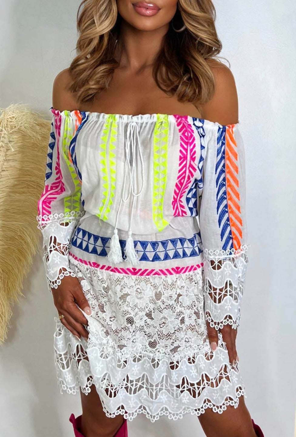 Beauty In Boho White Neon Embroidered Bardot Crochet Mini Dress