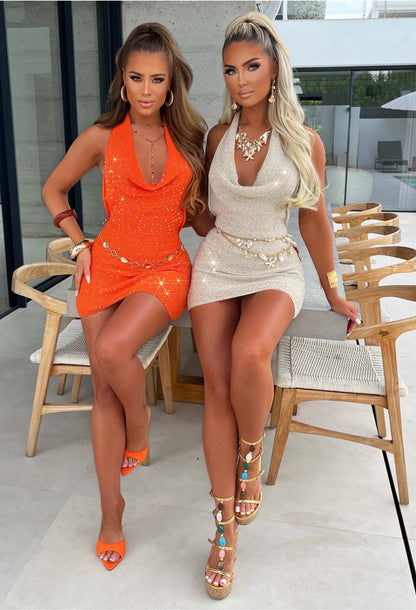 A Starry Night Orange Halter Neck Cowl Sequin Knitted Mini Dress