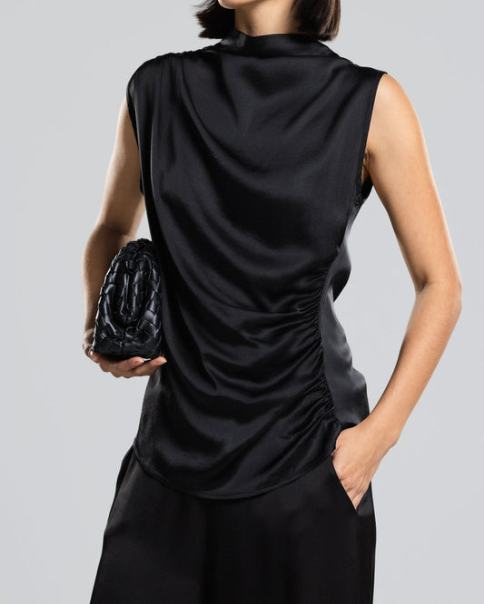 Allegra Draped Satin Sleeveless Top | Black