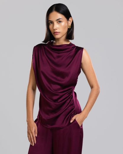 Allegra Draped Satin Sleeveless Top | Burgundy