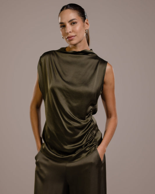 Allegra Draped Satin Sleeveless Top | Khaki