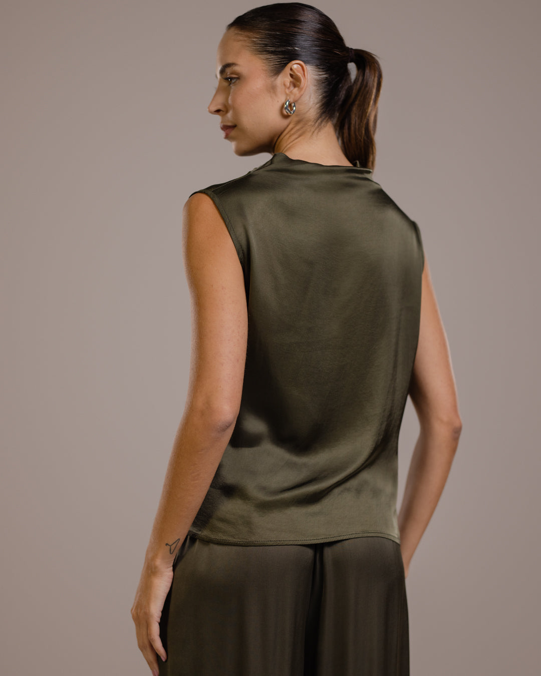 Allegra Draped Satin Sleeveless Top | Khaki