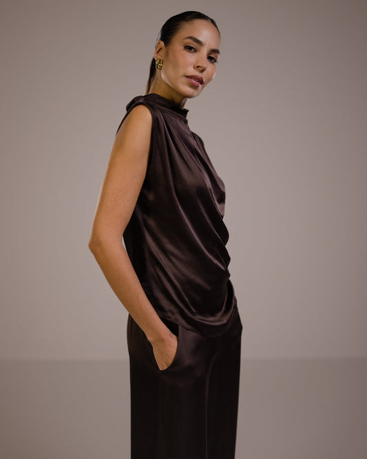 Allegra Draped Satin Sleeveless Top | Espresso Brown