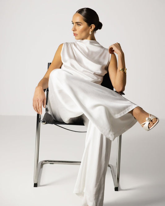 Allegra Draped Satin Sleeveless Top | White