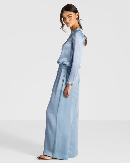 Daisy Elastic Waist Satin Pants | Arctic Blue