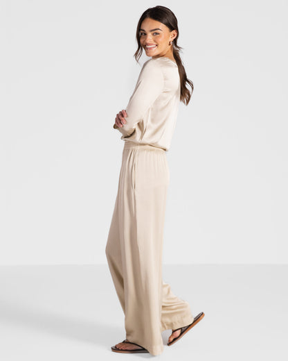 Daisy Elastic Waist Satin Pants | Cream