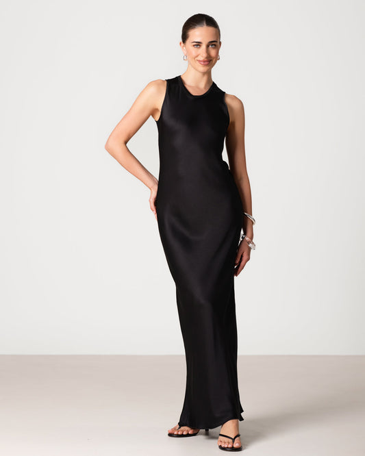 Sabrina Sleeveless Satin Maxi Dress | Black