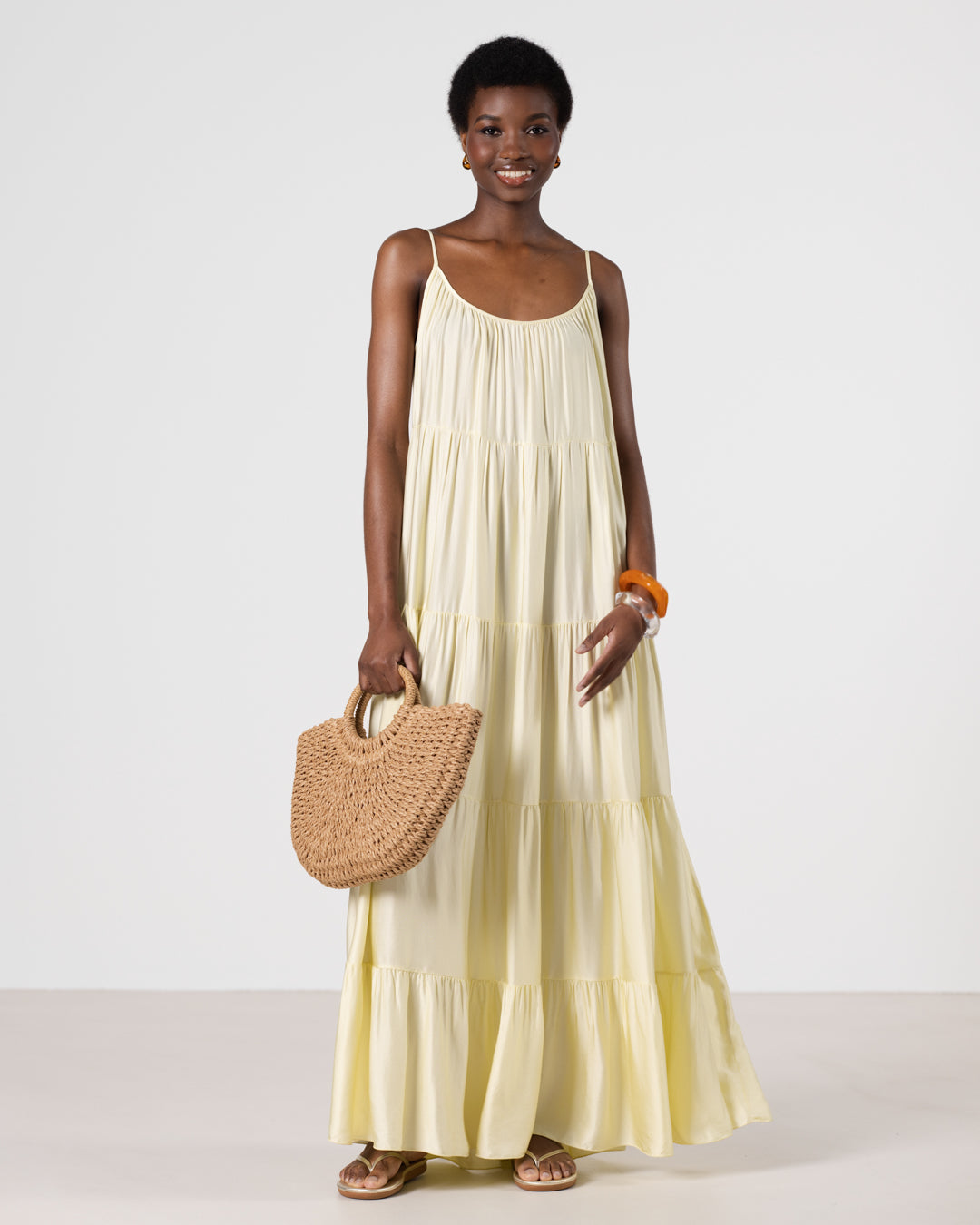 Noelle Strappy Tiered Satin Maxi Dress | Butter Yellow