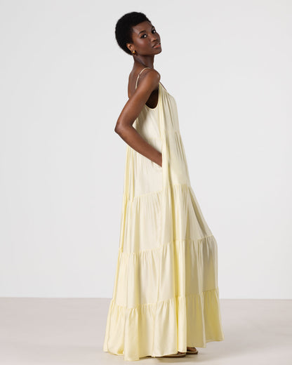 Noelle Strappy Tiered Satin Maxi Dress | Butter Yellow