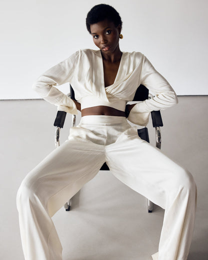 Zoe Pinstripe Elastic High Waist Satin Trousers | Ivory
