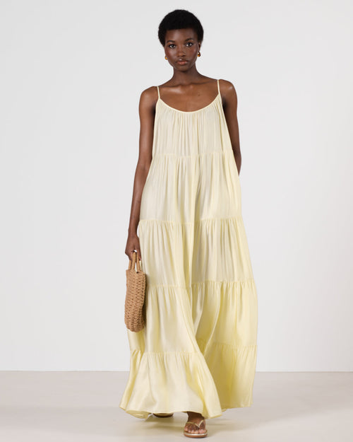 Noelle Strappy Tiered Satin Maxi Dress | Butter Yellow