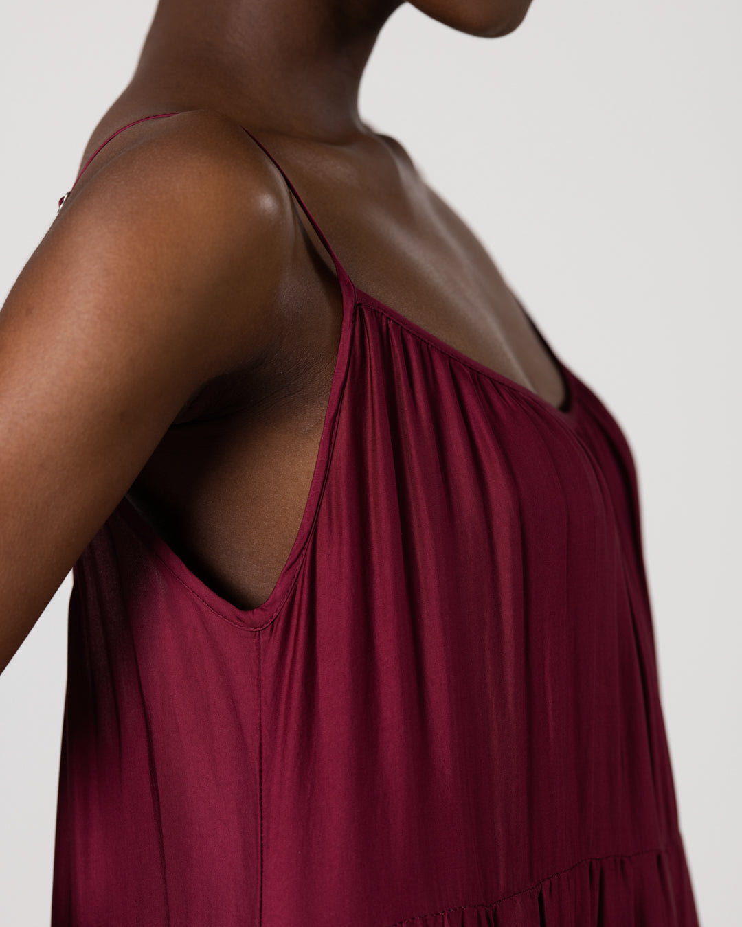 Noelle Strappy Tiered Satin Maxi Dress | Dark Cherry