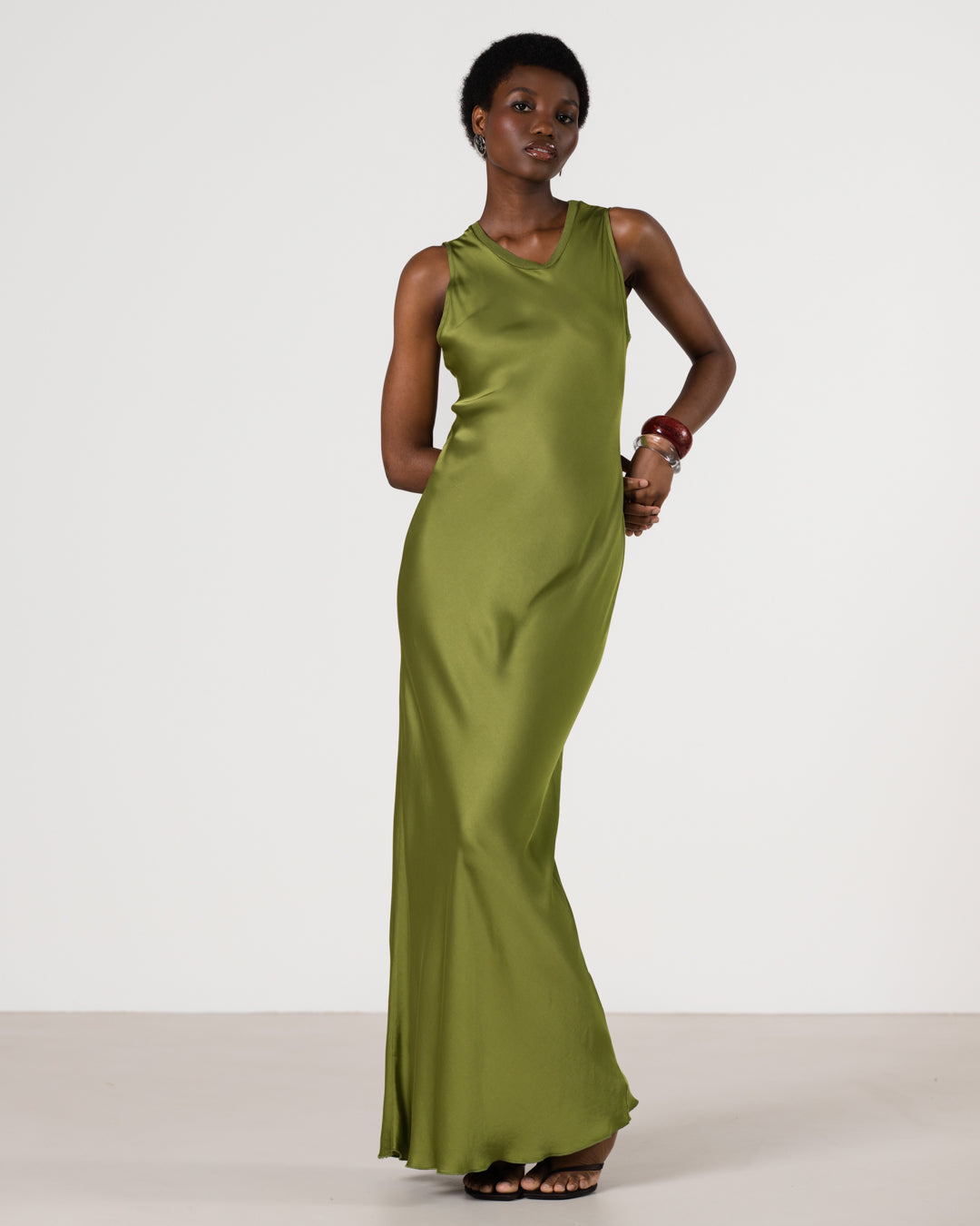 Sabrina Sleeveless Satin Maxi Dress | Olive Green