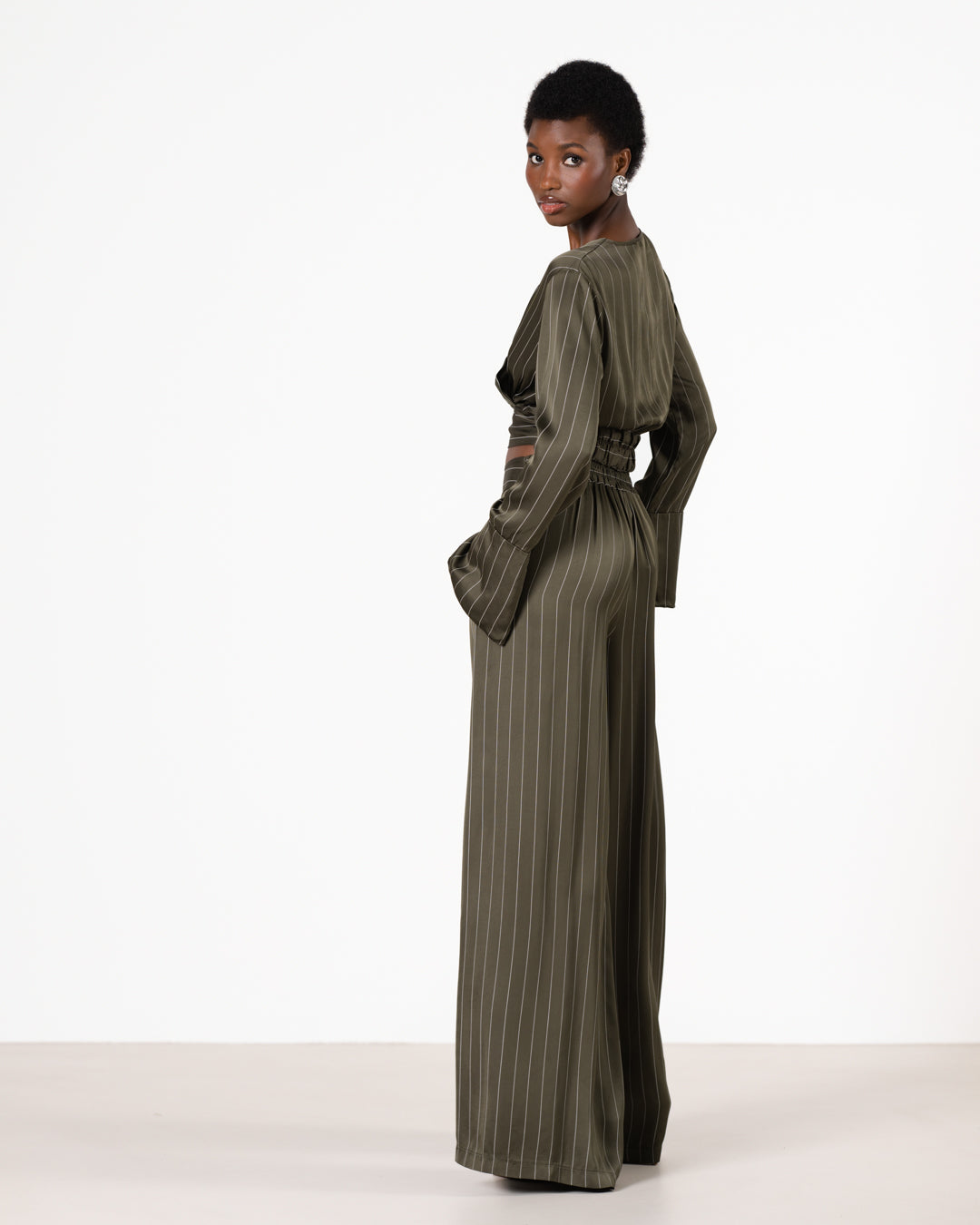 Zoe Pinstripe Elastic High Waist Satin Trousers | Khaki