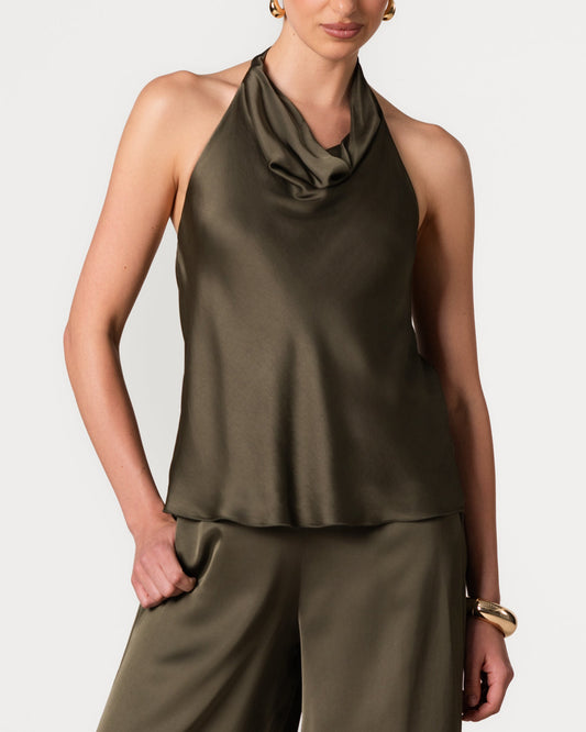 Carmen Backless Halterneck Top | Khaki