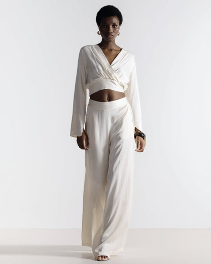 Zoe Pinstripe Elastic High Waist Satin Trousers | Ivory