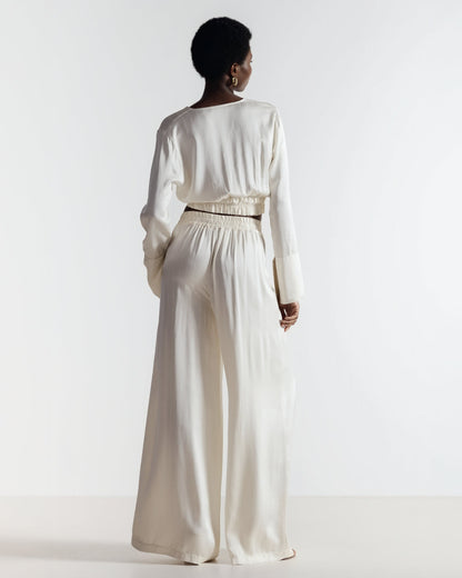 Zoe Pinstripe Elastic High Waist Satin Trousers | Ivory