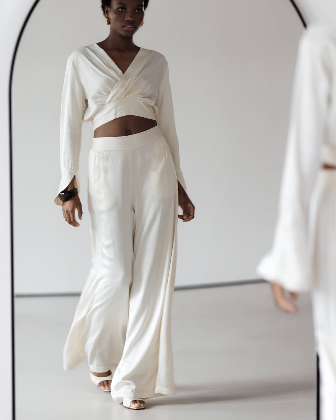 Zoe Pinstripe Elastic High Waist Satin Trousers | Ivory
