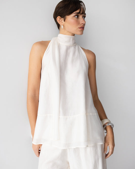 Clotilde Halterneck Tie Back Top | Ivory