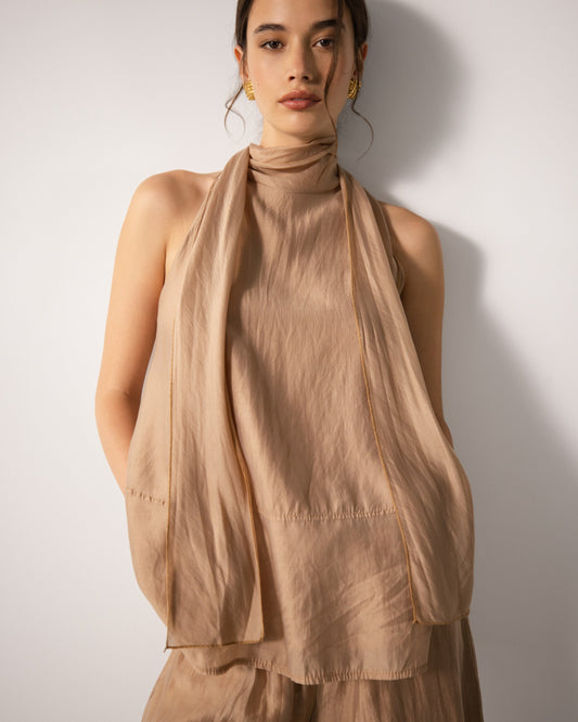 Clotilde Halterneck Tie Back Top | Sand