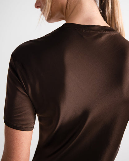Saskia Short Sleeve Satin Dress | Chocolate Brown